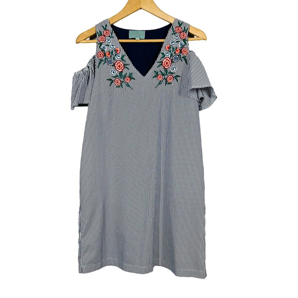 Skies Are Blue Stripe Cold Shoulder Tunic Dress Embroider Floral Blue Sailor- XS